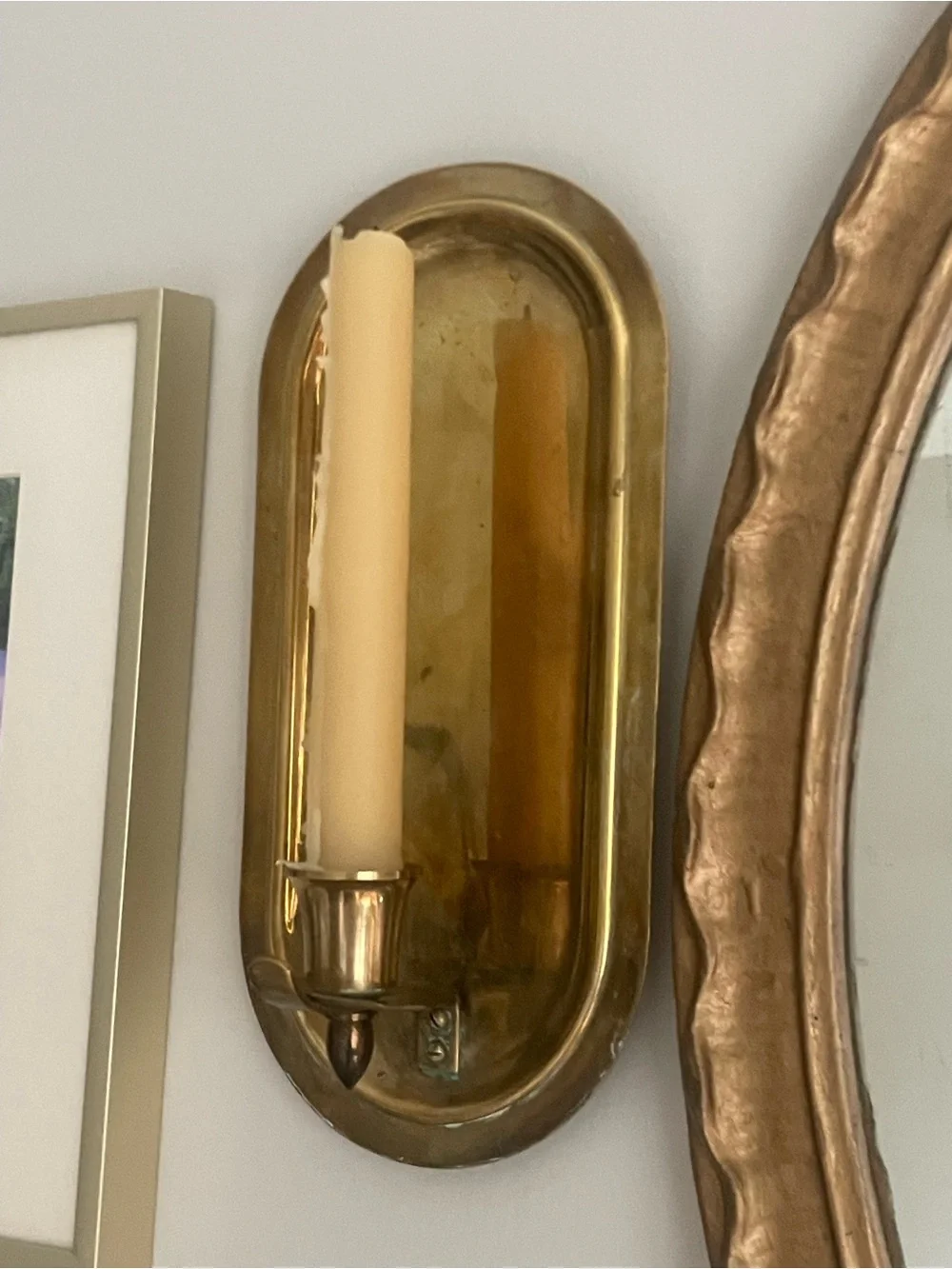 Vintage PAIR Solid Brass Oval Candle Wall Sconces